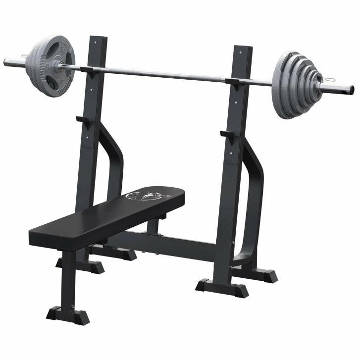 gorilla-sports-hantelbank-mit-2-ablagen-inkl-langhantel-set-olympia-130-kg-gusse image 1