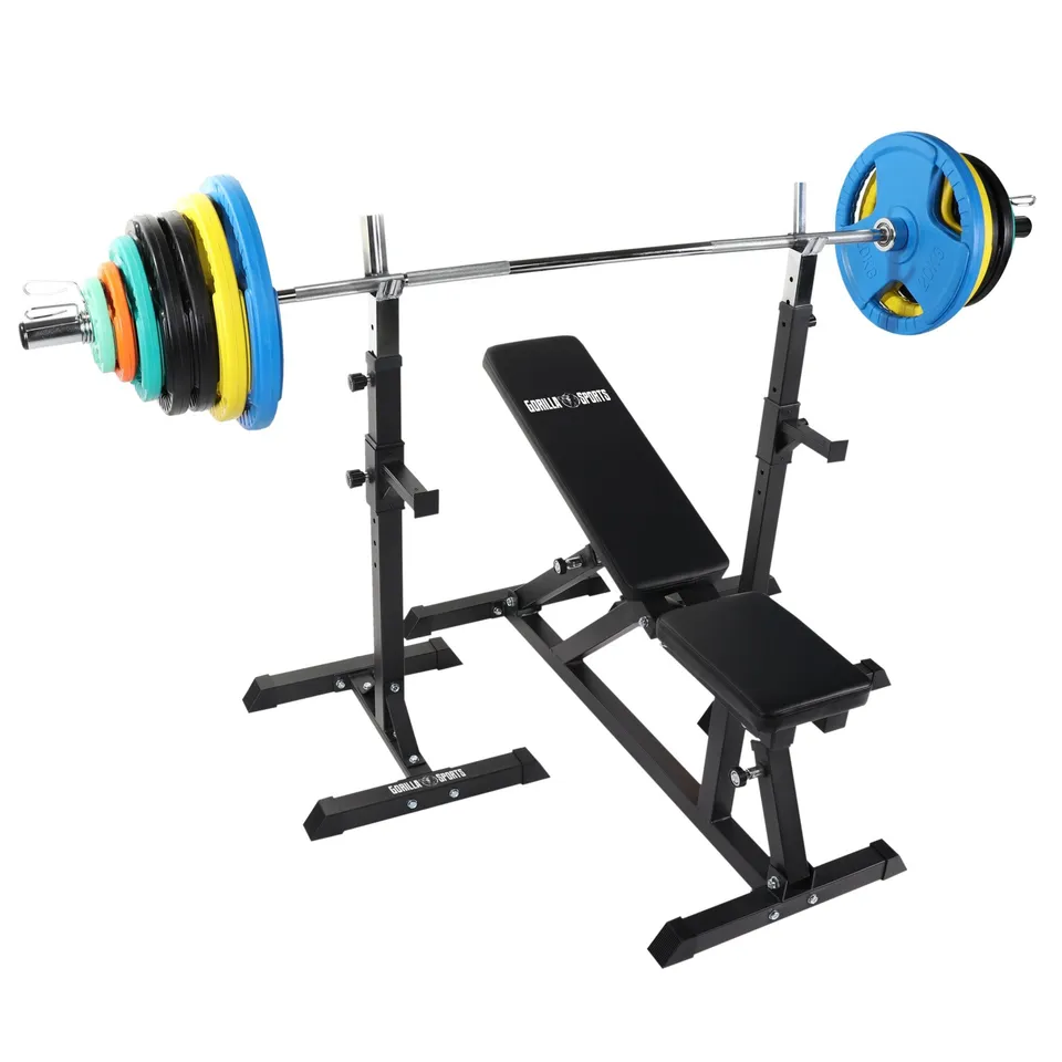gorilla-sports-schr-gbank-mit-squat-rack-inkl-langhantelset-olympia-150-kg-gummi image 1