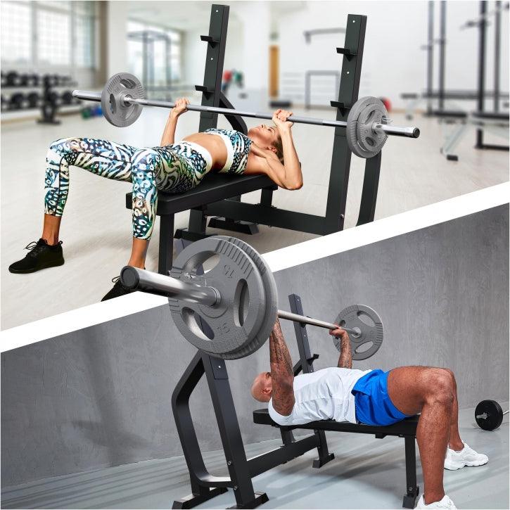 gorilla-sports-hantelbank-mit-2-ablagen-inkl-langhantel-set-olympia-130-kg-gusse image 2
